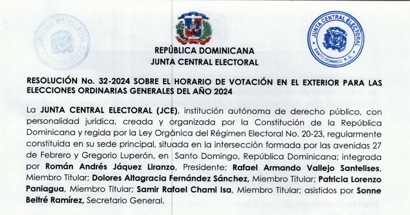 Resolución no.32-2024 sobre el horario de votación en el exterior para las elecciones ordinarias generales del año 2024.