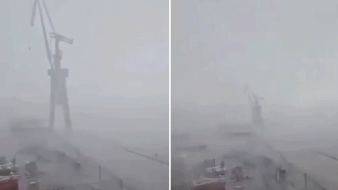 Tormenta apocalíptica arrasa una enorme grúa en un astillero en Polonia