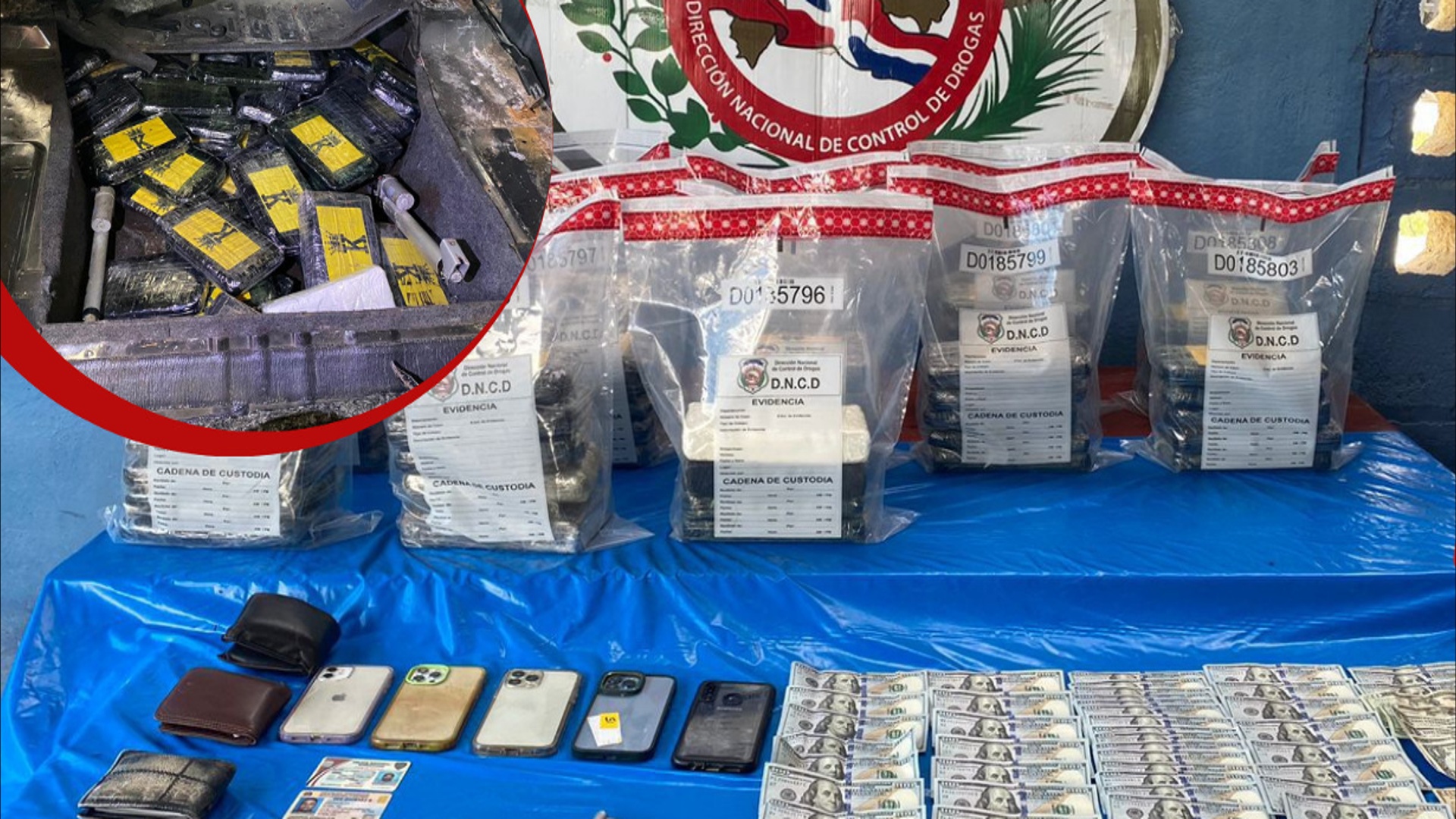 DNCD encuentra 64 paquetes cocaína en vehículo interceptado en peaje; arrestan tres hombres