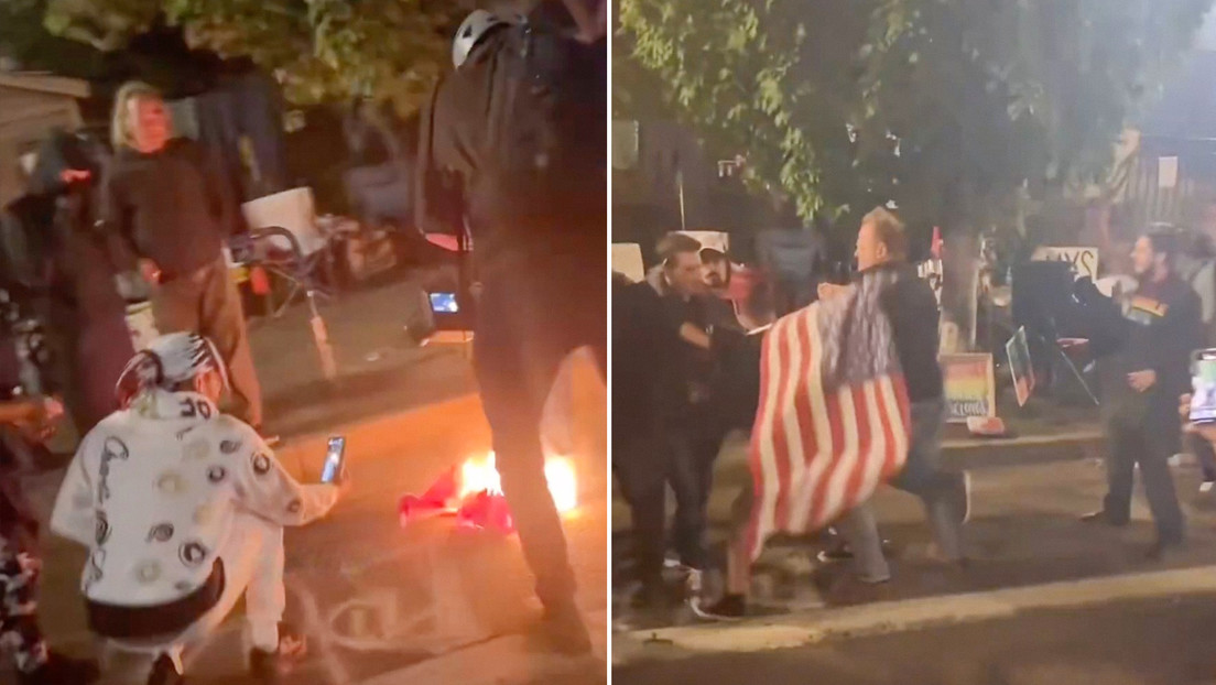 Queman una bandera de EE.UU. en medio de protestas cerca de las instalaciones de ICE